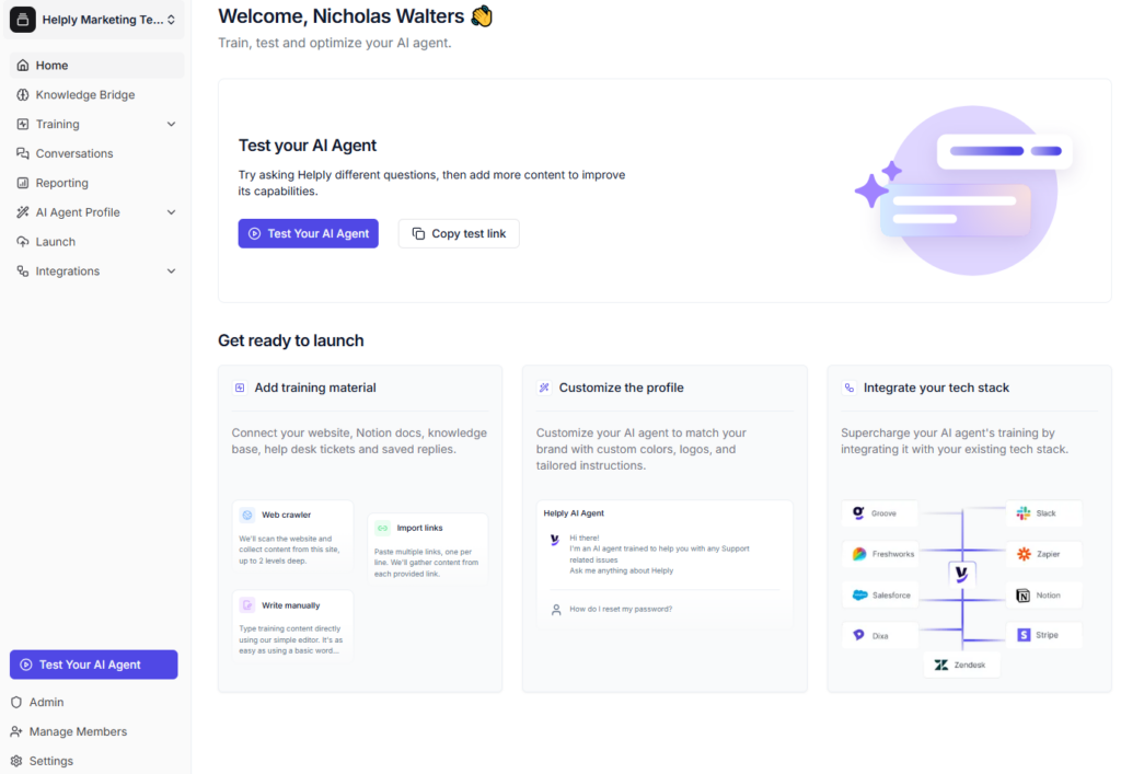 Helply dashboard where you can completely train, customize, and learn from your AI agent. 