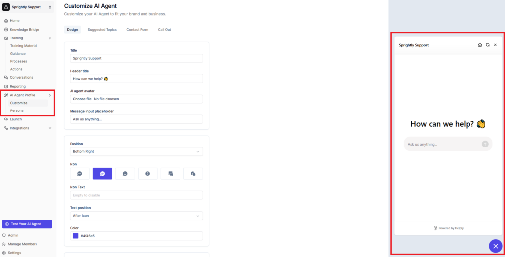 Customizing the Helply AI agent's apparence within the dashboard. 