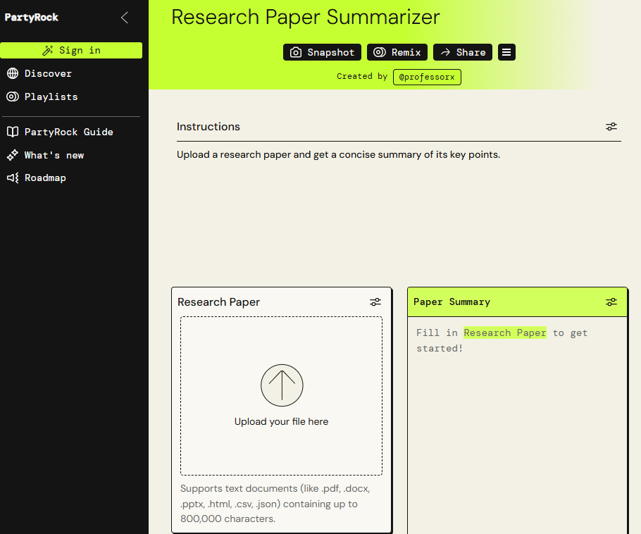 PartyRock as an AI tool used to create predictions and summarize content by outputting generative text using advanced learning models. 