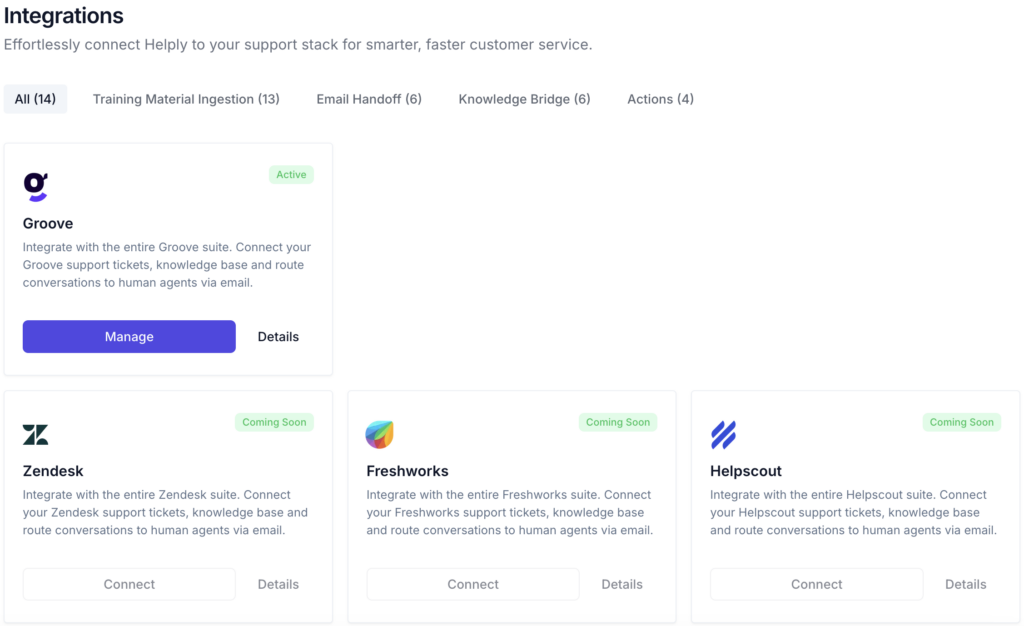 example of integration options offered by Helply