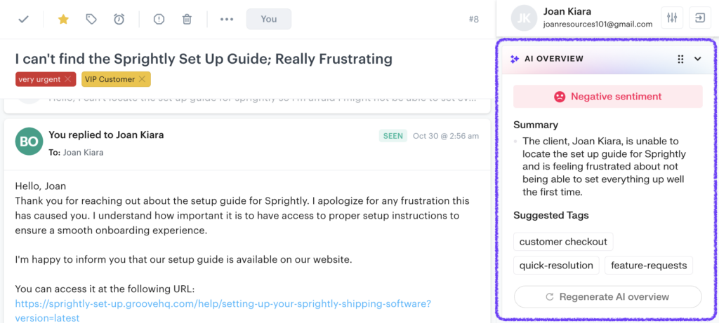 Customer email sentiment analysis in Groove