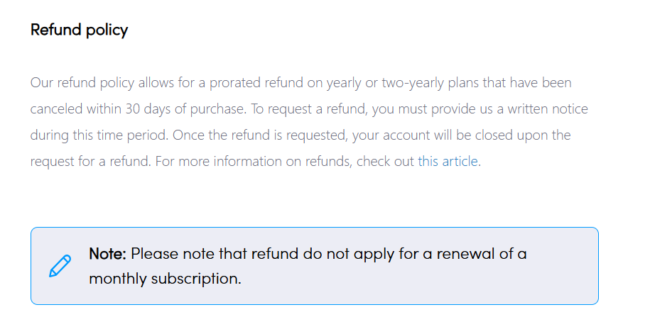 A refund policy as outlined on Monday.com