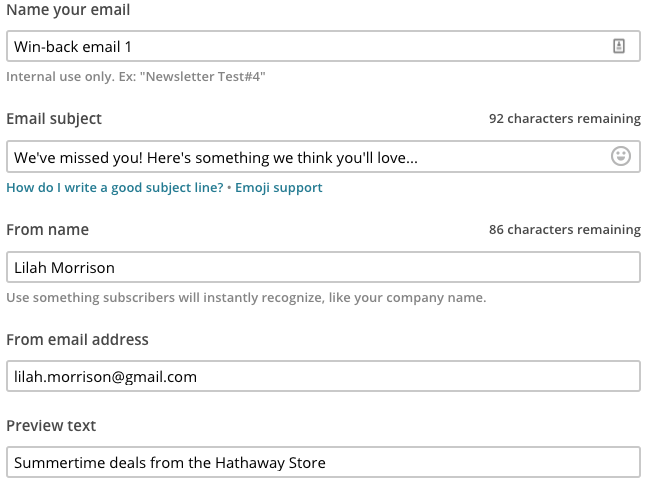 An example of designing an automated winback email campaign in Mailchimp.