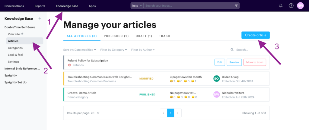 You can manage all your Knowledge Base articles directly within Groove.