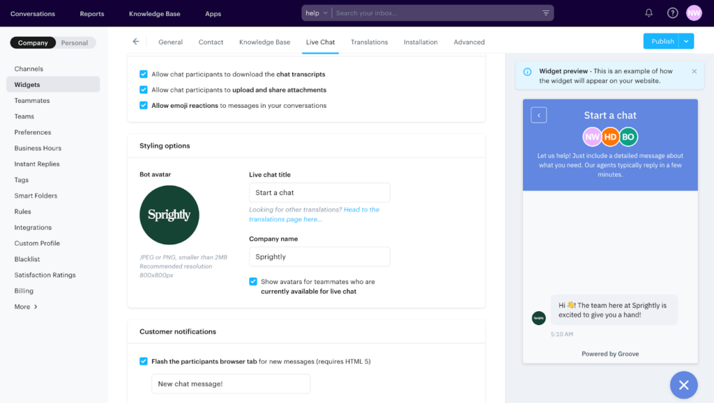 Building a live chat widget within Groove for Sprightly. 