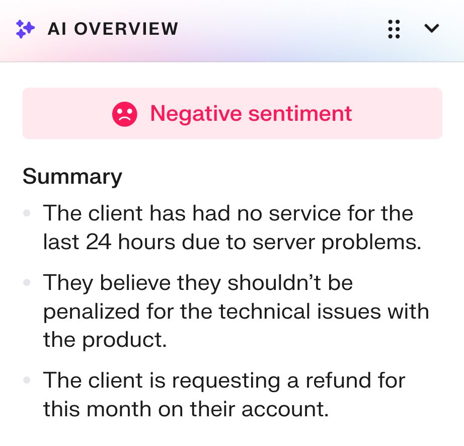 Groove's AI overview and sentiment analysis can help you detect/determine customer tone at a glance, so you can personalize your replies. 