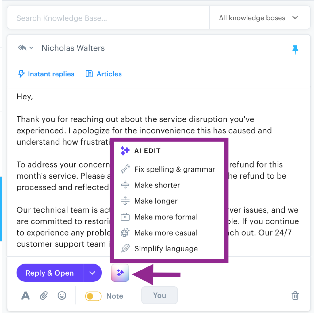 Groove's AI edits allow you to adjust email replies based upon formality, tone, and simplicity. 