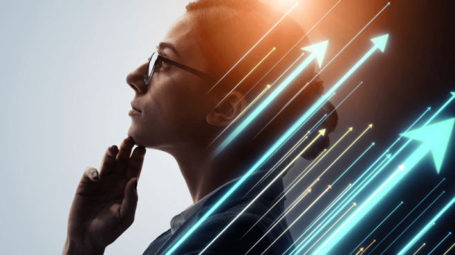 A woman looking upwards and many blue arrows.