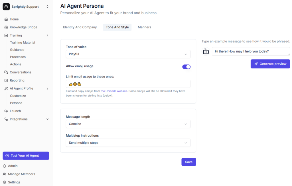 AI agent "persona" in  Helply allows you to tailor the style of AI agent response to align with brand voice. 