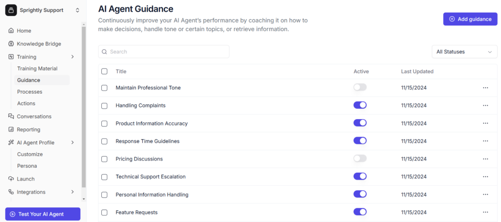 AI Agent "guidance" within Helply, that allows you to set specific tasks and guidelines to be followed for tone and clarity. 