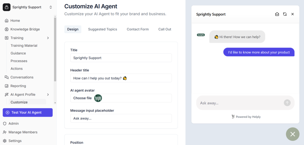 Helply dashboard which allows you to customize all aspects of your AI agent before you deploy it. 